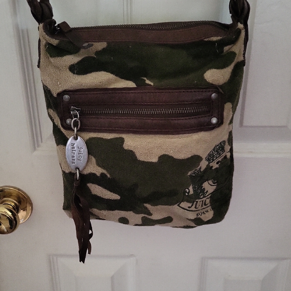 Juicy Couture Olive Green and Tan Camo Crossbody Messenger Bag